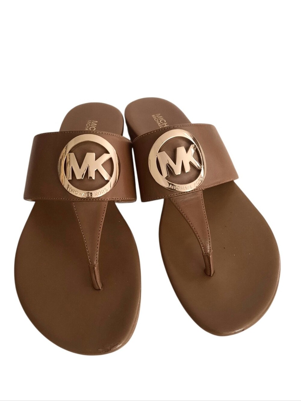 MICHAEL Michael Kors Brown Leather Logo Thong Sandals with Gold Hardware